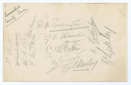 Lancashire C.C.C. &lsquo;Lancashire County Team&rsquo; c.1920. Album page signed in pencil by twelve members of the Lancashire team. Signatures are Cook, Makepeace, W. Ellis, Kenyon, Watson, Boddington, Shelmerdine, Parker, Brown, J. Tyldesley, R. Tyldesley and E. Ty