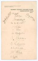 Yorkshire C.C.C. 1920. Official Surrey C.C.C. head page nicely signed in ink by twelve members of the Yorkshire team. Signatures are Wilson (Captain), Waddington, Hirst, Holmes, Kilner, Dolphin, Rhodes, Robinson, Sutcliffe, Kilner and Denton. The page is 