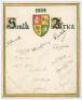 South Africa tour to England 1924. Original artwork with hand painted South Africa emblem and title, ‘South Africa 1924’, painted by ‘Miss D. Eileen Bullough’. Signed in ink by all seventeen original members of the touring party. Signatures are Taylor (Ca