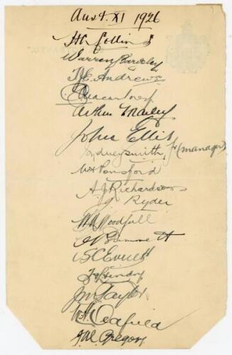 Australia tour to England 1926. Page beautifully and fully signed in black in ink to the verso of a S.S. Otranto headed page by all seventeen members of the Australian touring party. Signatures are Collins (Captain), Bardsley, Andrews, Macartney, Mailey, 