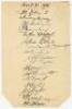 Australia tour to England 1926. Page beautifully and fully signed in black in ink to the verso of a S.S. Otranto headed page by all seventeen members of the Australian touring party. Signatures are Collins (Captain), Bardsley, Andrews, Macartney, Mailey, 