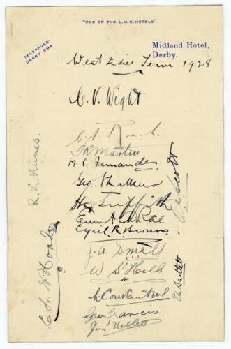 West Indies tour to England 1928. Midland Hotel, Derby headed page signed by all seventeen playing members of the West Indies touring party. Signatures are Wight, Roach, Martin, Fernandes, Challenor, Griffith, Rae, Browne, Small, Constantine, Francis, Neb