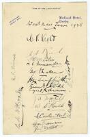 West Indies tour to England 1928. Midland Hotel, Derby headed page signed by all seventeen playing members of the West Indies touring party. Signatures are Wight, Roach, Martin, Fernandes, Challenor, Griffith, Rae, Browne, Small, Constantine, Francis, Neb