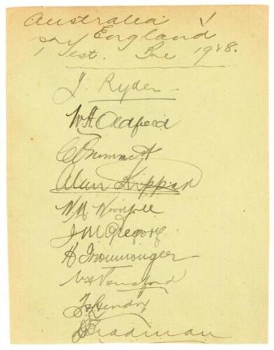 The Ashes. ‘Australia v England 1st Test’ 1928/29. Album page very nicely signed in black ink by ten members of the Australian team for the first Test, Brisbane, 30th November- 5th December 1929. Signatures are Ryder (Captain), Oldfield, Grimmett, Kippax,