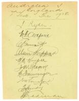 The Ashes. ‘Australia v England 1st Test’ 1928/29. Album page very nicely signed in black ink by ten members of the Australian team for the first Test, Brisbane, 30th November- 5th December 1929. Signatures are Ryder (Captain), Oldfield, Grimmett, Kippax,