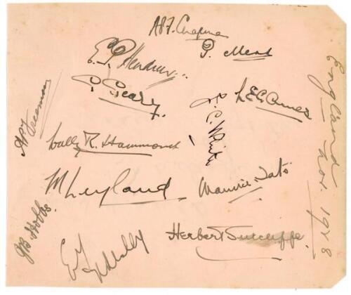 M.C.C. tour to Australia 1928/29. ‘England Nov. 1928’. Album page very nicely signed in black ink by thirteen members of the M.C.C. touring party, corresponding to the tour match v Queensland played at Brisbane, 24th- 27th November 1928. Signatures are Ch