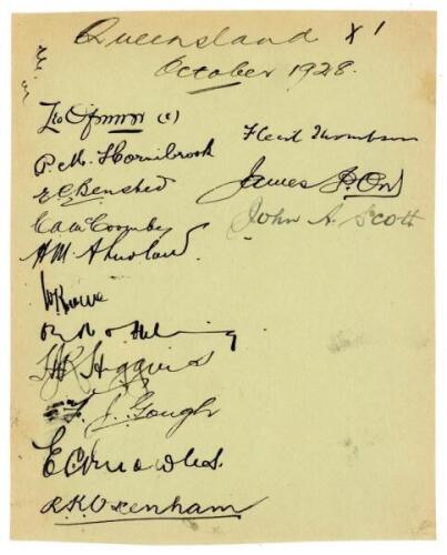 ‘Queensland XI October 1928’. Album page very nicely signed in black ink by the twelve members of the Queensland team for the Sheffield Shield match against New South Wales played at Brisbane, 27th October- 1st November 1928. Signatures include Australian