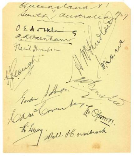 ‘Queensland XI v South Australia 1929’. Album page very nicely signed in black ink by the twelve members of the Queensland team for the Sheffield Shield match played at Brisbane, 22nd- 26th 1929. Signatures include Australian Test players Otto Nothling, R