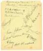 ‘Queensland XI v South Australia 1929’. Album page very nicely signed in black ink by the twelve members of the Queensland team for the Sheffield Shield match played at Brisbane, 22nd- 26th 1929. Signatures include Australian Test players Otto Nothling, R