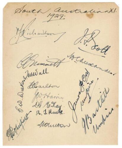 ‘South Australian XI 1929’. Album page very nicely signed in black ink by the twelve members of the South Australian team for the Sheffield Shield match against Queensland played at Brisbane, 22nd- 26th 1929. Signatures include Australian Test players Vic