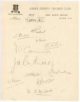 Essex C.C.C. 1929. Official county letterhead nicely signed in pencil by eleven members of the Essex team. Signatures are Morris (Captain), Palmer, Bray, Raison, O’Connor, Cutmore, L. Eastman, Hipkin, Perrin, Hayzelden and Nichols. Horiztonal and vertical