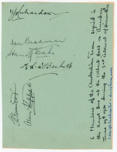 Australian tour to England 1930. Album page beautifully signed in black ink by six members of the Australian touring party. Signatures are Richardson, Bradman, McCabe, a’Beckett, Grimmett and Kippax. Interesting annotation states, ‘6 members of the Austra