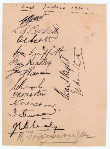 West Indies first tour to Australia and New Zealand 1930/31. Rare album page signed in black ink by thirteen members of the West Indies touring party and one other in pencil. Signatures in ink are Grant (Captain), Birkett, Scott, Griffith, Headley, Franci