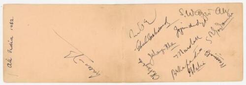 All India tour to England 1932. Double album page nicely signed in ink (one in pencil) by twelve members of the Indian touring party, and a ‘Grand Hotel Leicester’ headed page signed in ink by three. Signatures include Nayudu, Ghulam Mahomed, Jahangir Kha