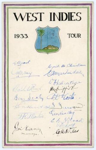 West Indies tour to England 1933. Original artwork with hand painted West Indies emblem and title, ‘West Indies 1933 Tour’, possibly by D.E. Bullough (see previous lot). Signed below in ink by seventeen members of the touring party. Signatures are Grant (