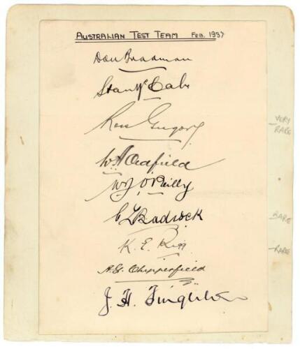 ‘Australian Test Team Feb. 1937’. Plain card very nicely signed in black ink by nine members of the Australian team for the 5th Test v England, Melbourne, 26th February- 3rd March 1937. Signatures are Bradman, McCabe, Gregory, Oldfield, O’Reilly, Badcock,