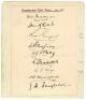 ‘Australian Test Team Feb. 1937’. Plain card very nicely signed in black ink by nine members of the Australian team for the 5th Test v England, Melbourne, 26th February- 3rd March 1937. Signatures are Bradman, McCabe, Gregory, Oldfield, O’Reilly, Badcock,