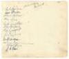 ‘Australian Test Team Feb. 1937’. Plain card very nicely signed in black ink by nine members of the Australian team for the 5th Test v England, Melbourne, 26th February- 3rd March 1937. Signatures are Bradman, McCabe, Gregory, Oldfield, O’Reilly, Badcock, - 2