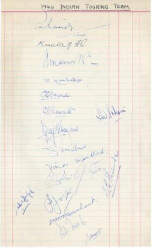 India tour to England 1946. Rules page nicely signed in ink by seventeen members of the India touring party. Signatures include Nawab of Pataudi (Captain), Mushtaq Ali, Nimbalkar, Nayudu, Sarwate, Sohoni, Hazare, Mankad, Merchant, Modi, Banerjee, Shinde e