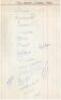 India tour to England 1946. Rules page nicely signed in ink by seventeen members of the India touring party. Signatures include Nawab of Pataudi (Captain), Mushtaq Ali, Nimbalkar, Nayudu, Sarwate, Sohoni, Hazare, Mankad, Merchant, Modi, Banerjee, Shinde e