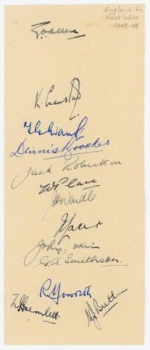 M.C.C. tour to West Indies 1947/48. Vertical paper strip nicely signed in ink by all thirteen members of the M.C.C. touring party. Signatures are Allen (Captain), Cranston, Evans, Brookes, Robertson, Place, Wardle, Laker, Ikin, Smithson, Howorth, Tremlett