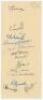 M.C.C. tour to West Indies 1947/48. Vertical paper strip nicely signed in ink by all thirteen members of the M.C.C. touring party. Signatures are Allen (Captain), Cranston, Evans, Brookes, Robertson, Place, Wardle, Laker, Ikin, Smithson, Howorth, Tremlett