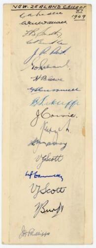 New Zealand 1949. Vertical paper strip nicely signed in ink by all seventeen members of the touring party to England including the manager Phillips. Players’ signatures are Hadlee (Captain), Wallace, Smith, Burke, Reid, Raborn, Cave, Cresswell, Sutcliffe,