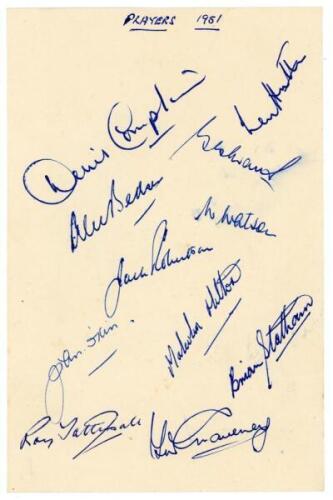 Gentlemen v Players, Lord’s 1951. Official card with printed illustrations of cricket from 1451 produced by M.C.C. for the 1951 match. Nicely signed in ink to the verso by the eleven members of the Players team for the match played at Lord’s 18th- 20th Ju