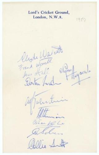 West Indies tour to England 1957. Official Lord’s headed page signed in ink by ten members of the West Indies touring party. Signatures are Walcott, Worrell, Hall, Asgarali, Weekes, Valentine, Atkinson, Kanhai, Sobers and Smith. Horizontal fold, light cre