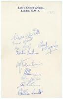 West Indies tour to England 1957. Official Lord’s headed page signed in ink by ten members of the West Indies touring party. Signatures are Walcott, Worrell, Hall, Asgarali, Weekes, Valentine, Atkinson, Kanhai, Sobers and Smith. Horizontal fold, light cre