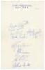 West Indies tour to England 1957. Official Lord’s headed page signed in ink by ten members of the West Indies touring party. Signatures are Walcott, Worrell, Hall, Asgarali, Weekes, Valentine, Atkinson, Kanhai, Sobers and Smith. Horizontal fold, light cre