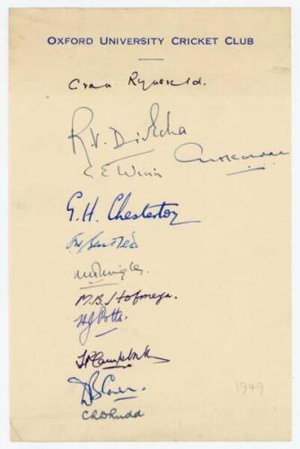 Oxford University C.C. 1949. Official headed page signed in ink by twelve members of the 1949 Oxford Univerity team. Signatures include van Ryneveld, Divecha, Winn, Chesterton, Bartlett, Wrigley, Hofmeyr, Potts, Campbell, Carr, Rudd etc. Horizontal fold, 