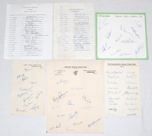 County autograph sheets 1950-1980. Six autograph sheets (five official) of county teams of the period. Teams are Kent 1950 (10 signatures), Somerset 1950 (13), Northamptonshire 1957 (19), Sussex 1965 (17), Hampshire 1973 (11), and Middlesex 1980 (19). Ear