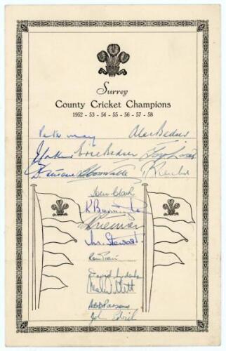 Surrey C.C.C. 1958 & 1971. Two official autograph sheets of Surrey teams. The 1958 page signed to &lsquo;Surrey County Cricket Champions&rsquo; sheet, seventeen signatures in ink including May, A. & E. Bedser, Laker, Lock, Constable, Clark, Barrington, Stewart, Edric