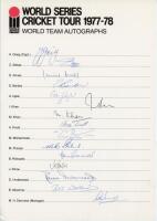 Australia. World Series Cricket Tour 1977/78. Official autograph sheet signed by all fifteen listed members of the World Team. Signatures are Greig (Captain), Zaheer Abbas, Amiss, Barlow, Asif Iqbal, Imran Khan, Moin Khan, Knott, Mushtaq Mohammad, Procter