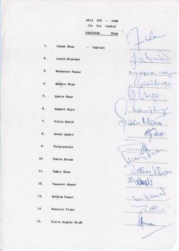 Pakistan tours to Sri Lanka 1986 and India 1989. Two official autograph sheets with printed title and players’ names, both fully signed in ink by the listed members of the touring parties. Tours are to Sri Lanka 1982 for the Asia Cup (15 signatures) and t