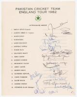 Pakistan tours to England 1982 and 1987. Two official autograph sheets with printed title and players’ names, both fully signed in ink by the listed members of the touring parties and others. Tours are 1982 (20 signatures) and 1987 (19). Players’ signatur