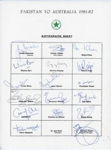 Pakistan tour to Australia 1981/82. Rarer official autograph sheet with printed title and players’ names, fully signed in ink by all sixteen of the listed playing members of the touring party. Signatures are Javed Miandad (Captain), Zaheer Abbas, Majid Kh