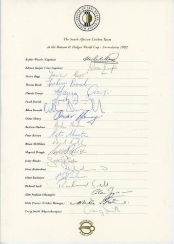 South Africa tours 1992-1998. Three official autograph sheets (two fully signed) for the tours to Australia for the World Cup 1992 (19 signatures), and to England 1994 (20, lacking one) and 1998 (22). All three sheets with printed titles and players’ name