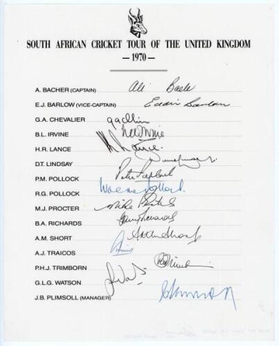 South Africa tour to England 1970. Rare official autograph sheet for the cancelled South Africa tour of the United Kingdom 1970. The sheet with printed titles and players’ names fully signed in ink by all fifteen listed members of the party. Signatures ar