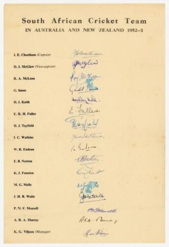 South Africa 1952/53. Large official autograph sheet for the South African tour of Australia and New Zealand 1952/53. Fully signed with sixteen signatures in ink including Cheetham (Captain), McLean, McGlew, Tayfield, Endean, Mansell, Fuller, Innes, Keith