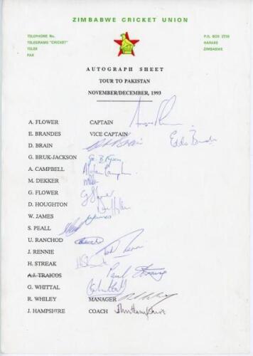 Zimbabwe tours to Pakistan 1993 and England 2000. Two official autograph sheets, one for the 1993 tour to Pakistan, fully signed by all seventeen members of the touring party, and to England 2000, signed by eighteen, lacking two. Signatures include A. Flo