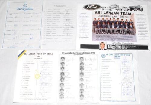 Sri Lanka tours 1982-1990. Six official autograph sheets, all fully signed by the playing members. Tours are to India 1982 (17 signatures), Pakistan 1982 (18), India 1986/87 (16), Zimbabwe (17), Australia 1989/90 (18), also Sri Lank Young Cricketers to Au