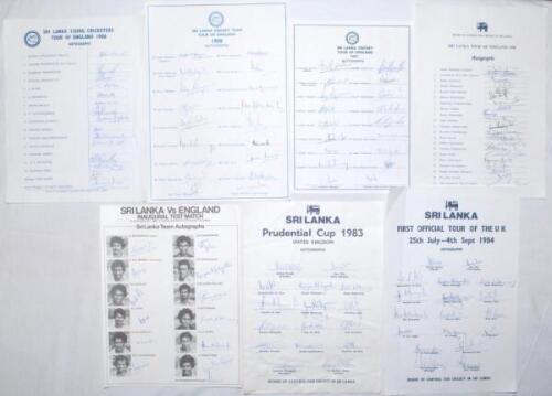 Sri Lanka Inaugural Test 1982 and tours to England 1983-1998. Seven official autograph sheets, including the inaugural Test match, Sri Lanka v England, Colombo 1982, fully signed by the thirteen members of the Sri Lanka team. Other sheets are for tours to