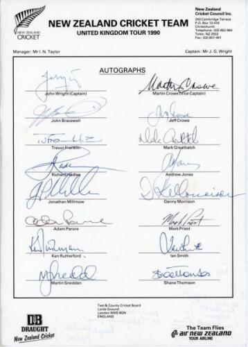 New Zealand tours to England 1990-1999. Three official autograph sheets with printed titles and players’ names, all fully signed. Tours are 1990 (16 signatures), 1994 (20) and 1998 (21). Players’ signatures include Wright, M. Crowe, Bracewell, J. Crowe, F