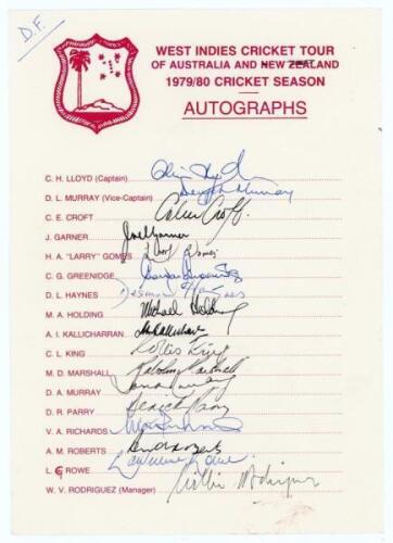 West Indies tour to Australia and New Zealand 1979/80. Official autograph sheet nicely and fully signed in ink by all seventeen members of the touring party on official tour letterhead. Signatures are Lloyd (Captain), Murray, Croft, Garner, Gomes, Greenid