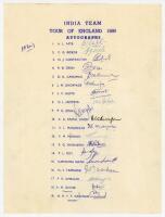 India tours to England 1959 & 1967. Two official autograph sheets with printed title and players’ names, both fully signed in ink by all listed playing members of the touring party. The 1959 sheet with twenty signatures including Apte, Borde, Contractor, 