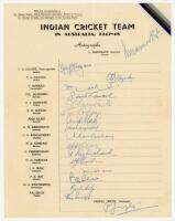 India tour to Australia 1947/48. Very rare official autograph sheet with printed title and players’ names, fully signed in ink by all eighteen listed members of the touring party. Signatures are Amarnath (Captain), Hazare, Nayudu, Mankad, Gul Mahomed, Soh