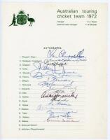 Australia tours to England 1972-1979. Four official Australian Cricket Board autograph sheets, all fully signed by the playing members, for the tours to England 1972 (17 signatures), 1975 (19), 1977 (17) and for the 1979 World Cup (14). Signatures include