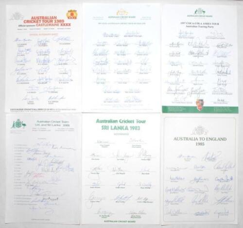 Australia tours to England 1980s. Six official Australian Cricket Board autograph sheets, all fully signed by the playing members. Tours are to England & Sri Lanka 1981 (21 signatures), Sri Lanka 1983 (16), England 1985 (17), 1989 (19), 1993 (21) and 1997